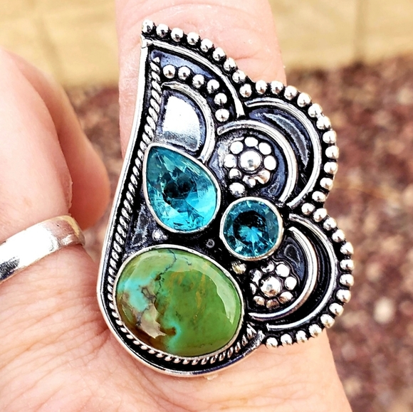 New Chrysocolla & Blue Topaz 925 Silver Ring. - Picture 1 of 16